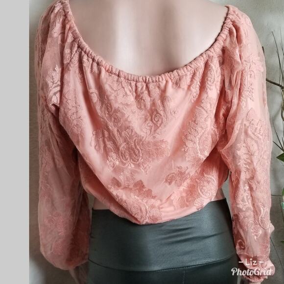 Honey Punch Rose Pink Lace Long Sleeve Crop Top - Picture 3 of 6
